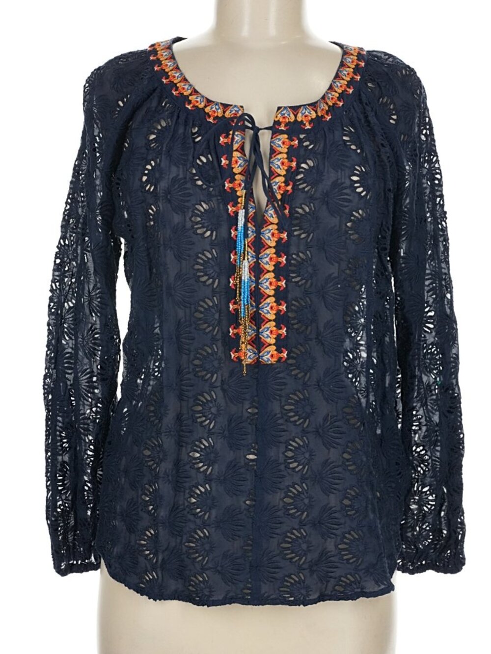 Johnny Was Jade Top M Dark Blue Embroidered Eyelet, Beaded Tassels, Cotton/Silk
